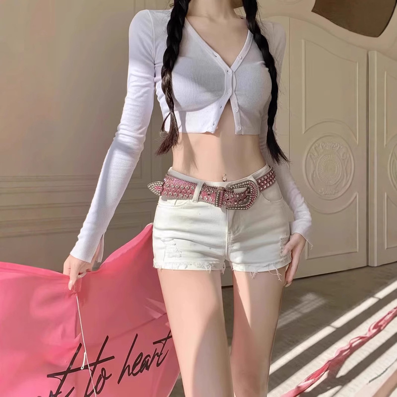 White Slim-Fit Ripped Denim Shorts Women's Summer American Style Sexy Hot Girl Pants Straight Tube A- Bag Hip Hot Pants