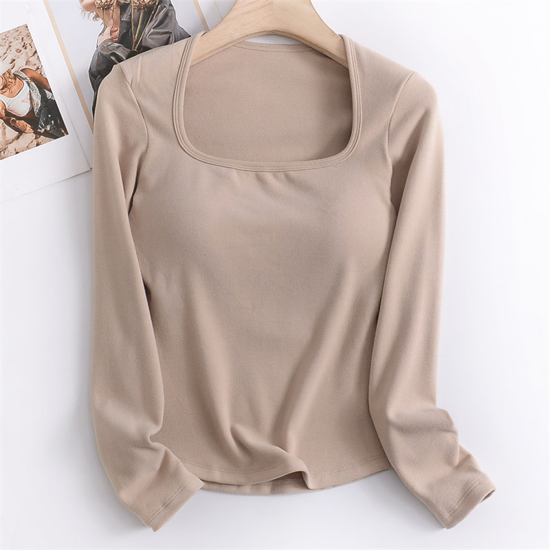 胸垫一体无钢圈免穿文胸大领口打底衫女秋冬德绒加厚修身长袖T恤