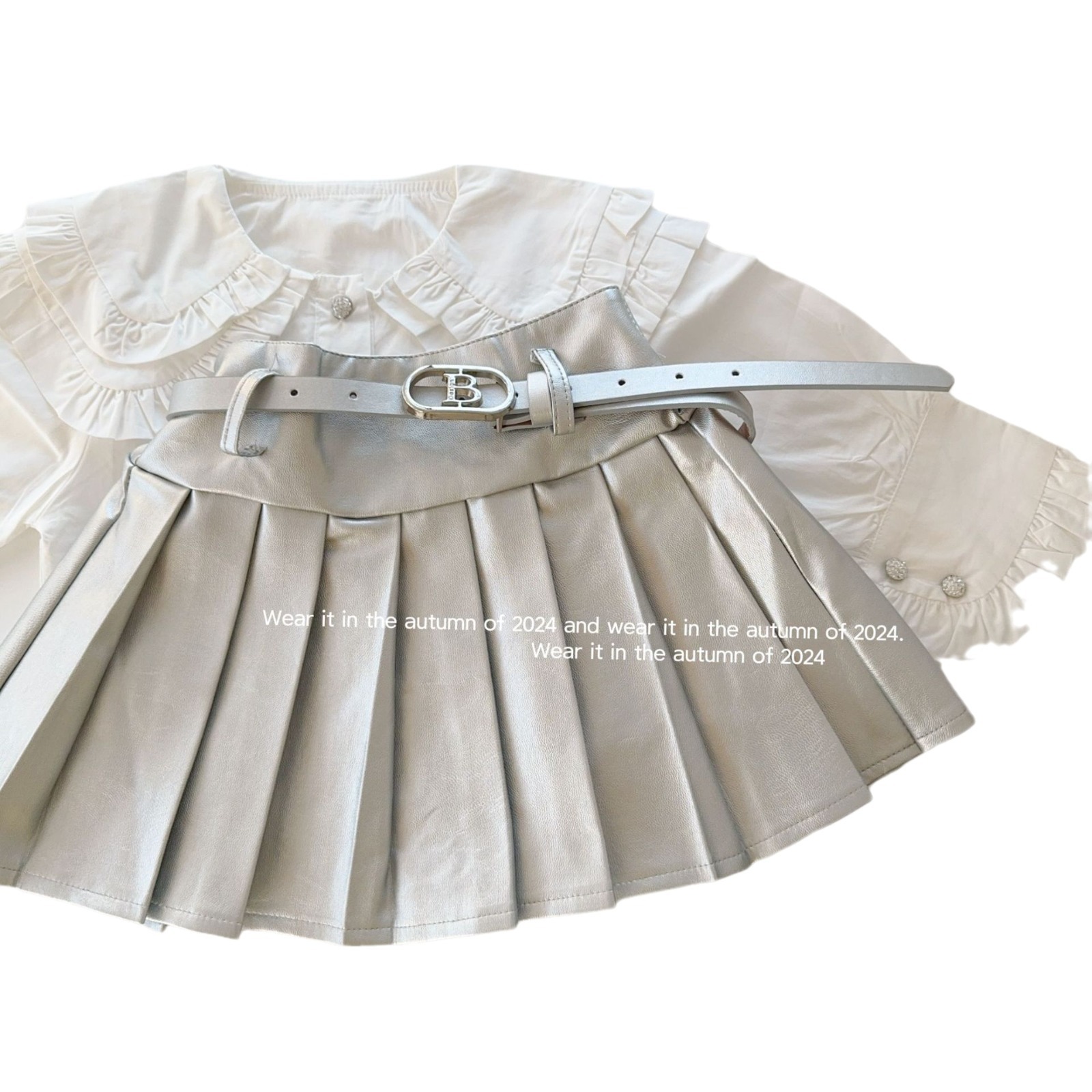 2024 소녀의 디자인 센스 레이스 옷깃 달콤한 셔츠 우아한 편안한 세척 코튼 화이트 셔츠 가죽 스커트 투피스 세트