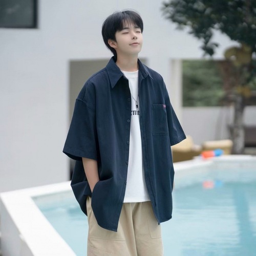 Men's Loose Trendy Korean Style Summer White Short Sleeve Shirt Work Collar Blouse Casual Outerwear