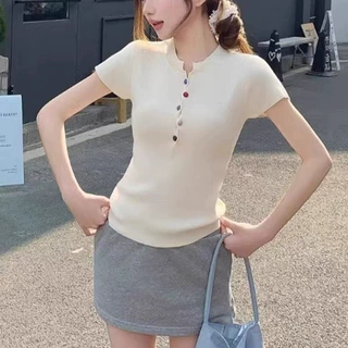 包芯纱短袖T恤女夏季新款洋气减龄收腰显瘦针织打底上衣彩色纽扣