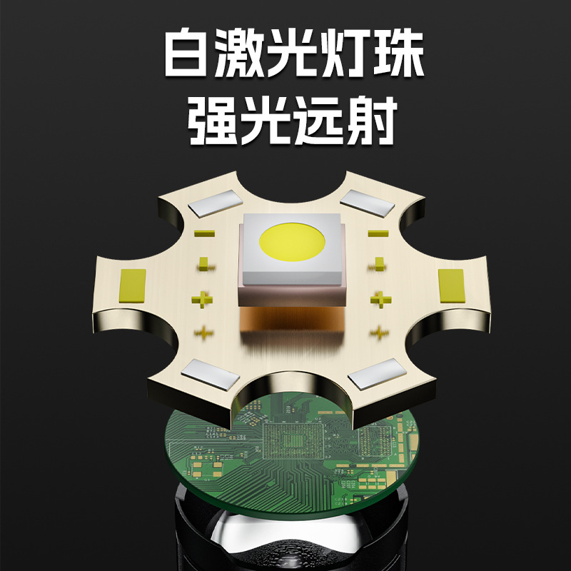 跨境變焦白激光超亮手電筒USB輸入輸出戶外COB電量顯示大功率手電