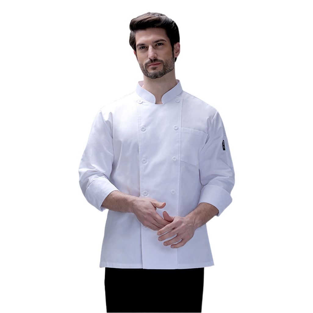 Ropa de chef Hombre Manga larga Blanco Transpirable Logotipo Bordado Comedor Hotel Tooling Comedor Chef Ropa de trabajo
