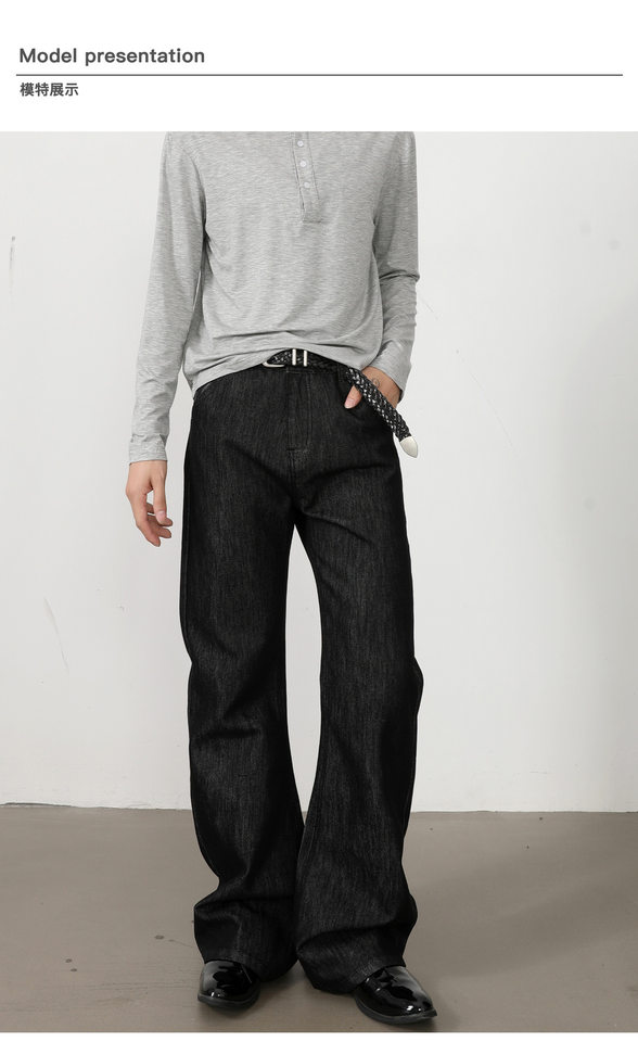 Quần jeans nam denim thô ống loe nhẹ dáng rộng có thêu — Denim đen chi tiết 8