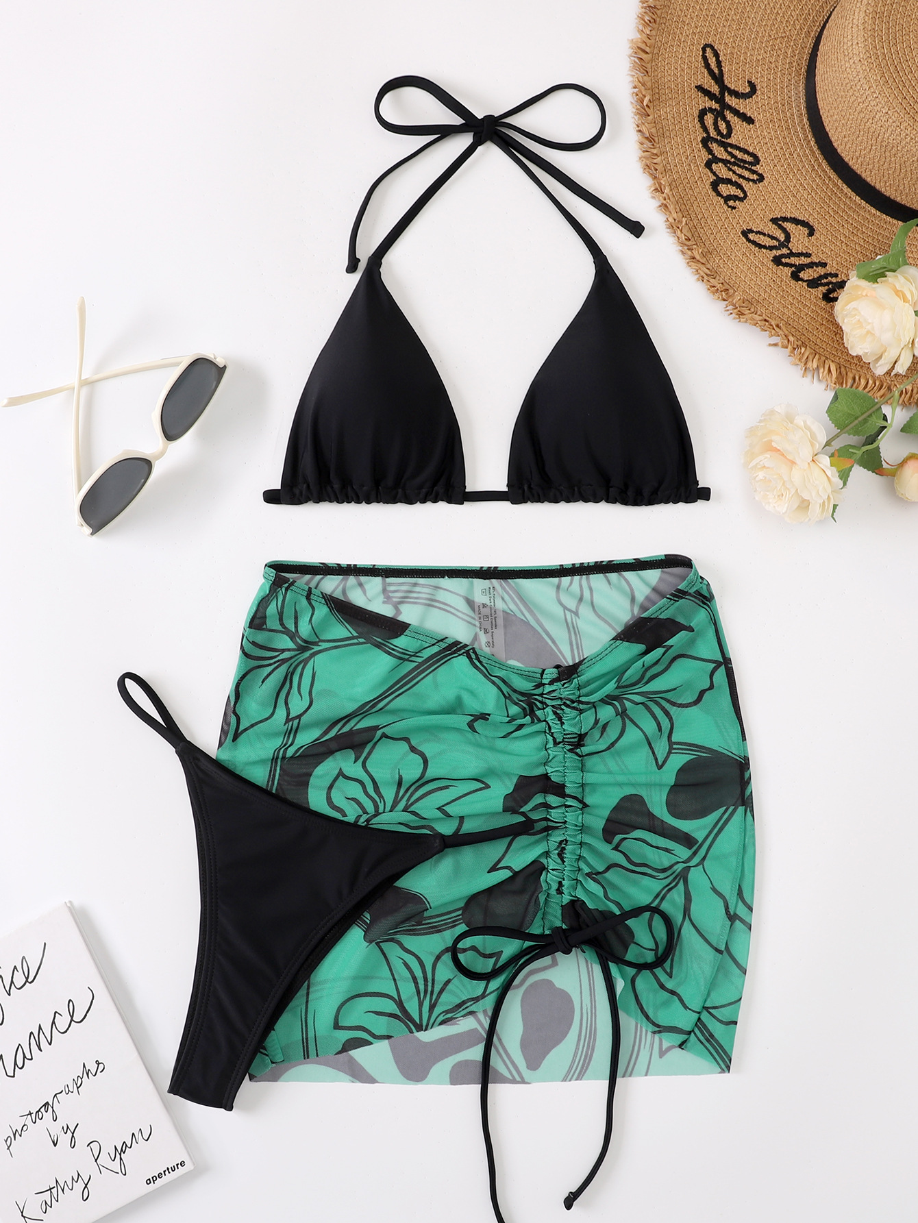 print drawstring high waist wrap chest hanging neck bikini three-piece swimsuit set NSCMB134336