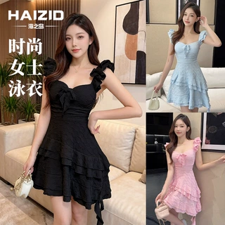 超仙纯欲风连体裙式游泳衣女保守遮肉显瘦钢托聚拢泡温泉度假新款