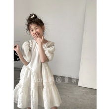 现货韩国童装女童连衣裙夏季高级感2024新款法式中大童白色公主裙