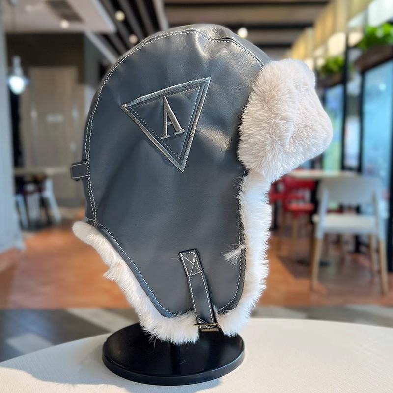 Pilot Hat Women's Warm Pu Leather Plush Ear Protection Skiing Cap_voghion.com