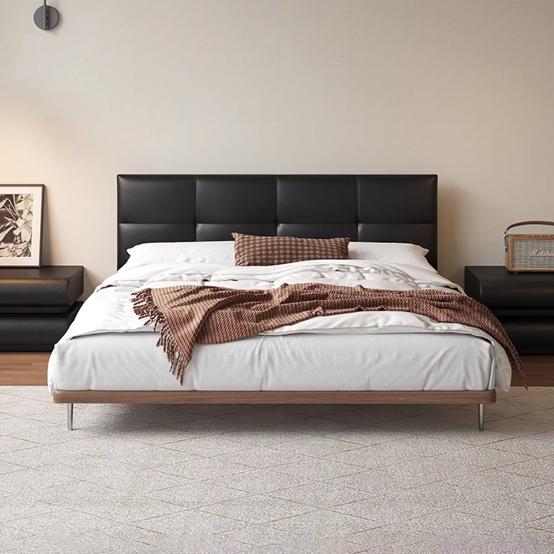 Cama de cuero oscura, cuero de vaca negro, cama doble retro, cama principal, cama queen simple, moderna.