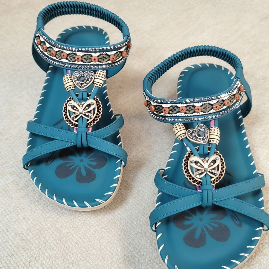 Sandalias bohemias de primavera 2026, nuevas, transfronterizas, de talla grande, con flores planas y diamantes de imitación, sandalias de playa abiertas para exteriores