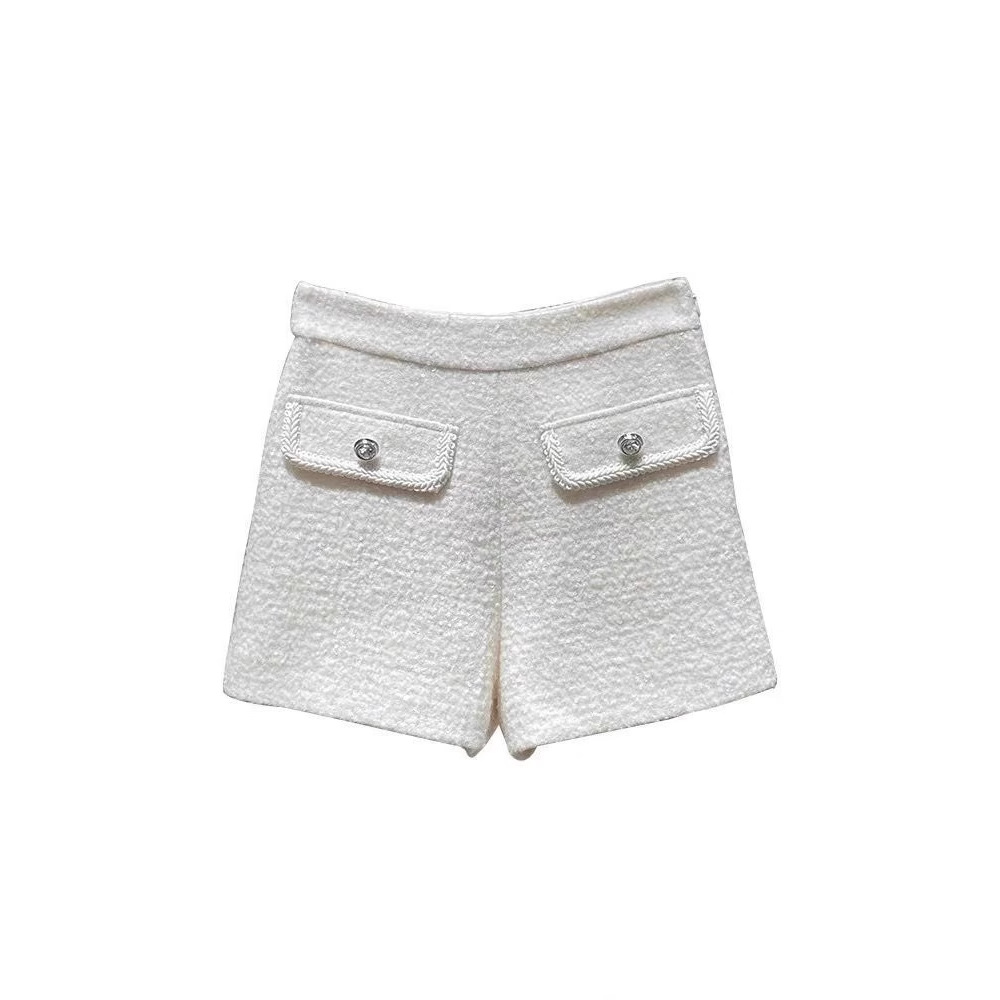 ウールスモールフレグランススタイルショーツレディース2025秋冬ハイウエストワイドレッグパンツホワイトスパンコールツイードカジュアルショーツ