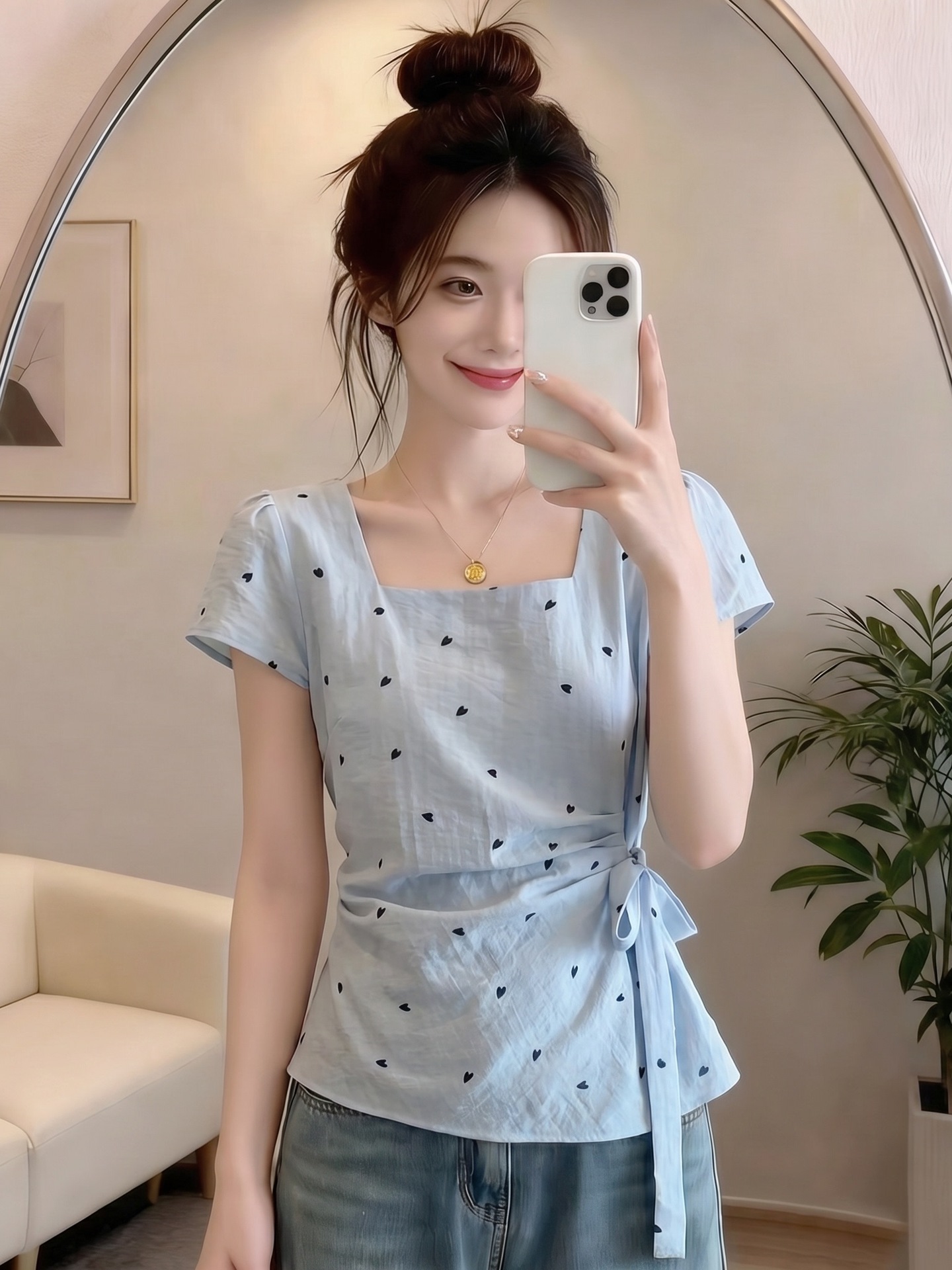 Áo sơ mi nữ cổ vuông in hình trái tim, tay ngắn, phong cách Hàn Quốc, dáng suông tôn dáng — xanh lam