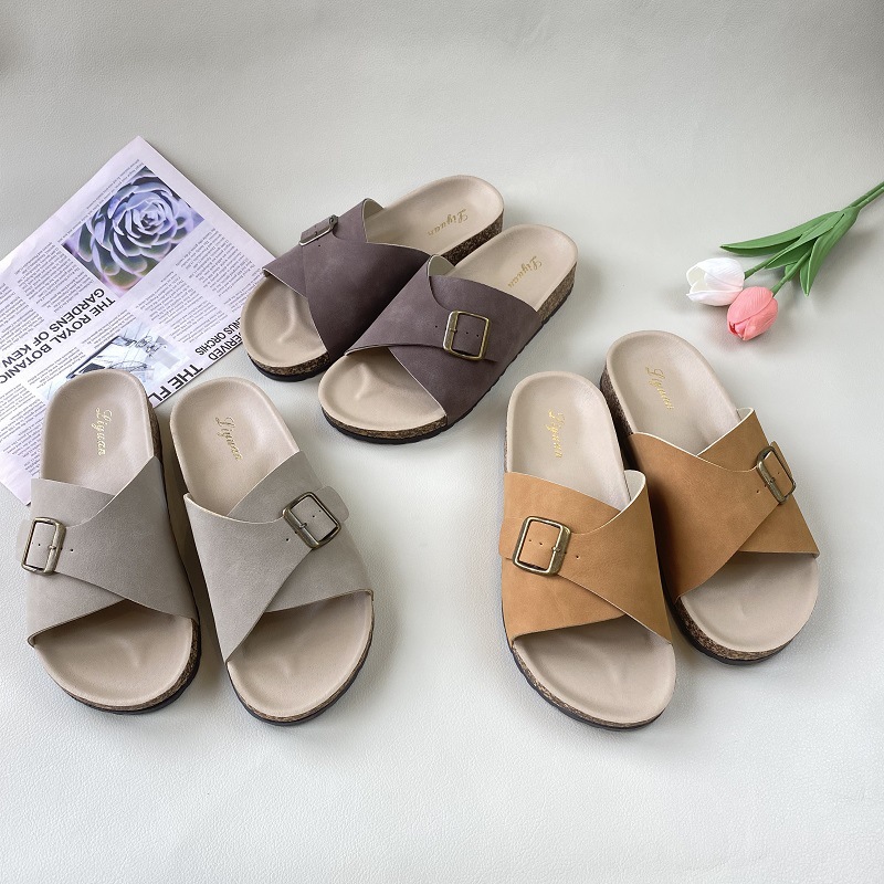 Kork-strandschlappen Für Damen Flache Sandalen Mit Knopf-detail_voghion.com