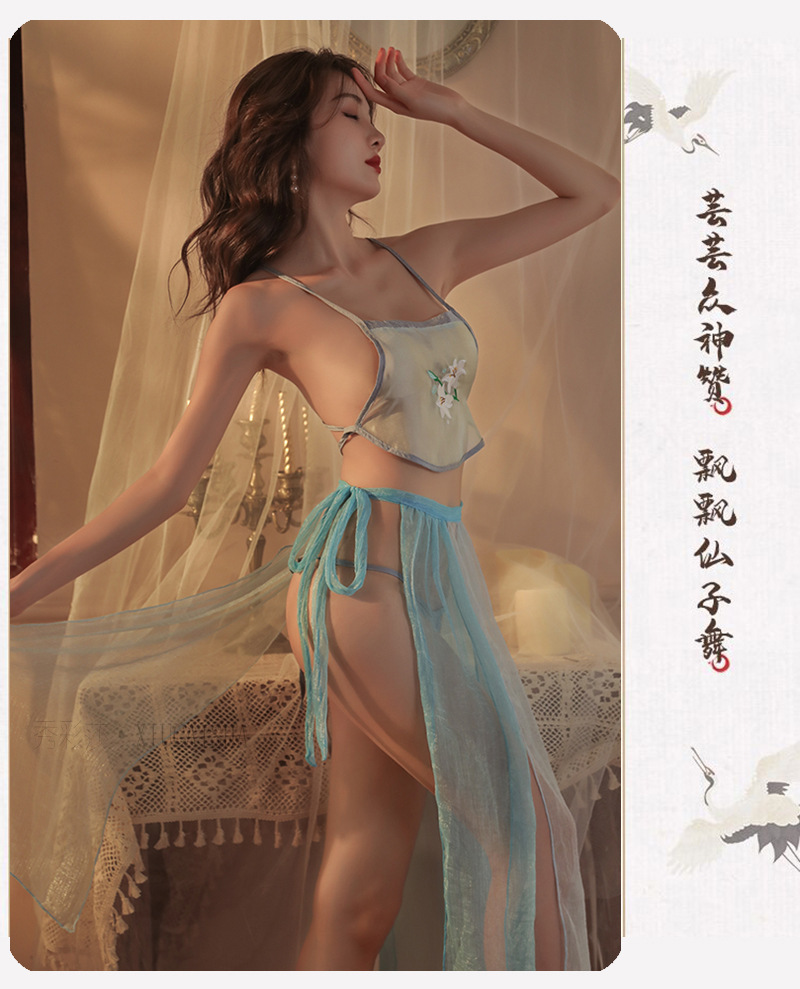 Sexy Hanfu-Style Costume Pajama Set with Lotus Embroidery, Sheer Chiffon, Plus Size — detail image 12