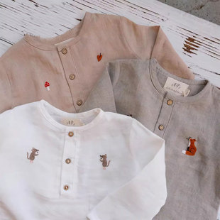 Children's Cotton and Linen Soft Long-Sleeved Shirts 2025 European and American Style Spring and Summer New Male and Female Baby Animal Embroidered Tops