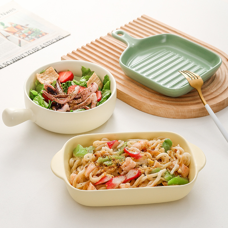 Korean Ins Milk Yellow Handle Plate Bowl Household Baked Rice Baking Pan Baking Oven Instant Noodle Bowl Special Tableware Set