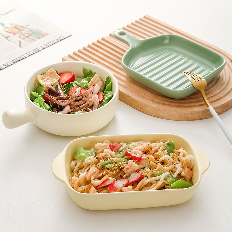 Korean Ins Milk Yellow Handle Plate Bowl Household Baked Rice Baking Pan Baking Oven Instant Noodle Bowl Special Tableware Set Korean Ins Milk Yellow Handle Plate Bowl Household Baked Rice Baking Pan Baking Oven Instant Noodle Bowl Special Tableware Set