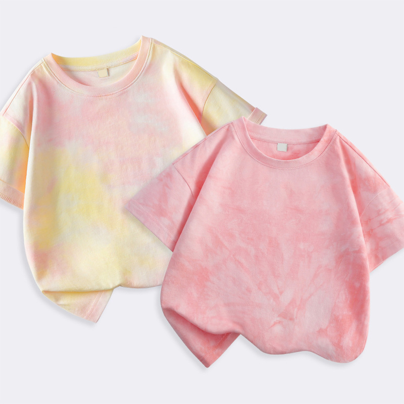 タイダイ総柄オフショルダートレンディな子供用半袖Tシャツカスタムプリント男の子Tシャツ夏女の子半袖Tシャツカスタムメイド|undefined