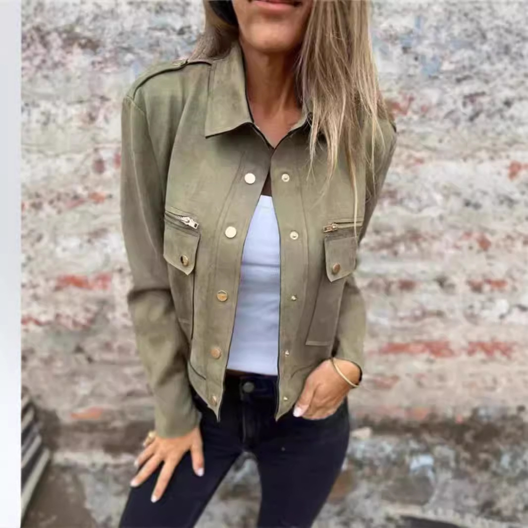 2024 cross-border foreign trade Amazon independent station suede jacket-lapel long sleeve jacket metal zipper jacket