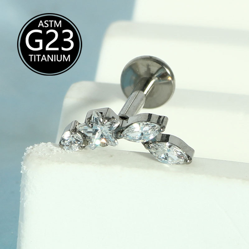 16G G23 Titanium Inlaid Zirconia Star Flat Bottom Internally Threaded Labret Ear Cartilage Lip Piercing Earrings detail image 8