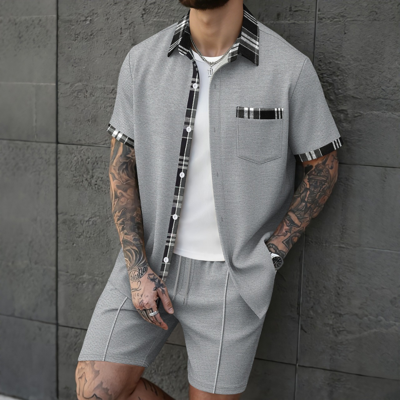 Men's Breathable Waffle Plaid Patchwork Cardigan Shirt And Shorts Set Short Sleeved Casual Suit_viptrois.com