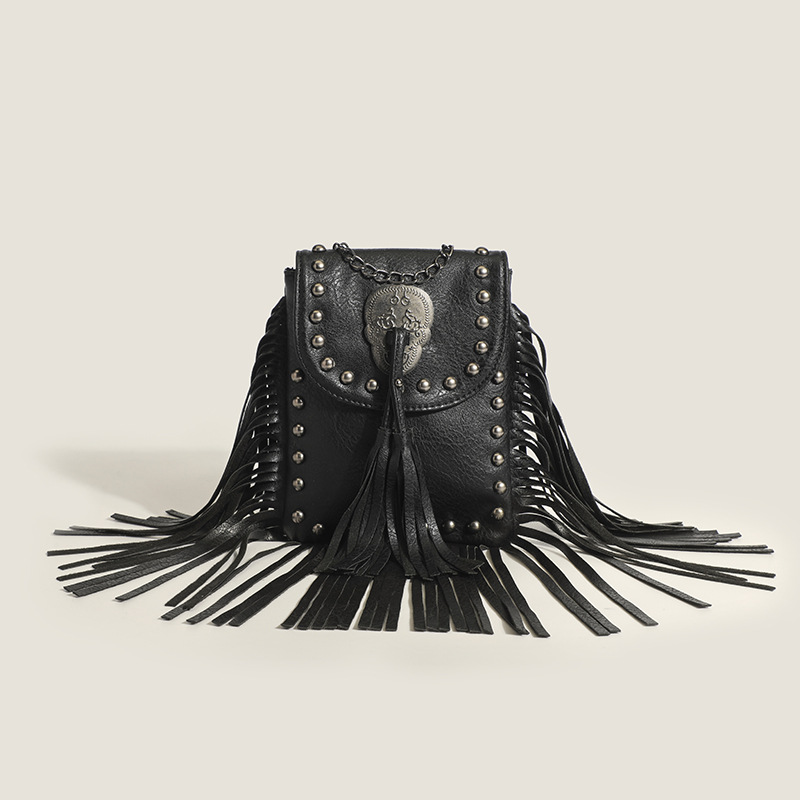 Trendy Fashion European & American Women's Studded Tassel Mini Phone Bag Casual Soft Leather Sweet Cool Biker Style Chain Crossbody Bag - Thumbnail 7