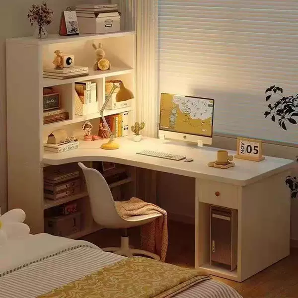 Corner Desk with Multi-Layer Bookshelf Integrated Desktop Computer Desk for Rental Housing, Large Capacity for Storage, Student Study Desk