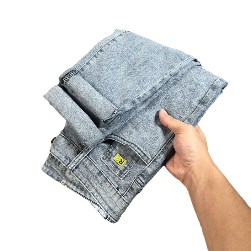 Jeans da uomo di colore chiaro slim fit alla moda, modello primavera e autunno, sottili, versione coreana, elastici, casual, versatili, con cuciture_voghion.com