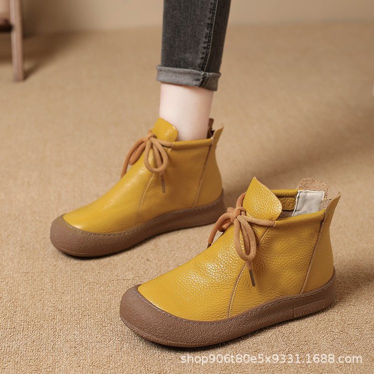 2025 Autumn and Winter New Export Boots Flats Anti-Collision Round Toe High-Top Leather Boots Short Warm Cotton Shoes Cross-Border
