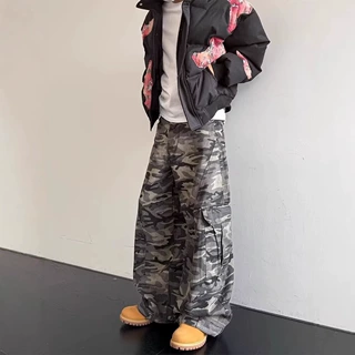 美式复古多口袋迷彩工装裤男女春秋季宽松休闲水洗阔腿解构弯刀裤