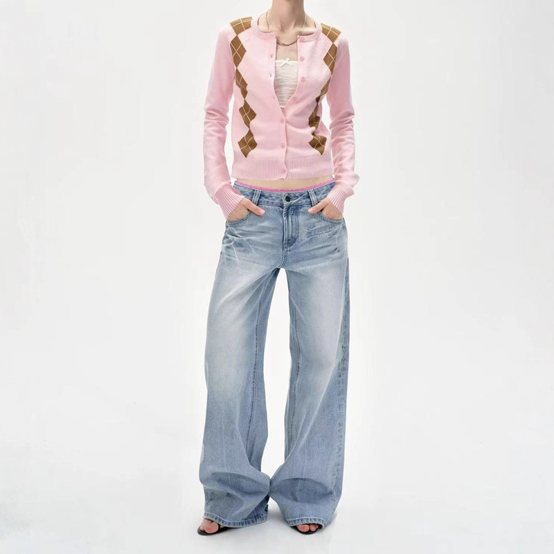 Spring and Autumn College Style Diamond Shape Glaisel Sheep Wool Skin Friendly Soft Warm Knitted Sweater Cardigan Top for Women