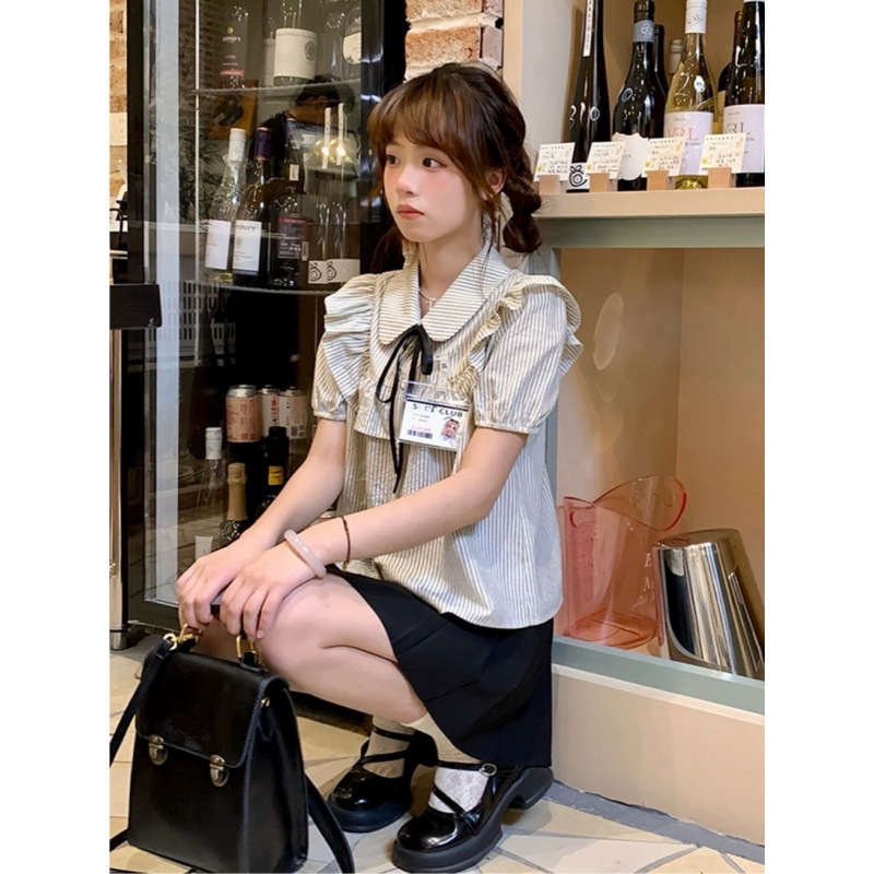 韩系chic别致独特漂亮荷叶边条纹短袖衬衫套装女夏季减龄休闲上衣