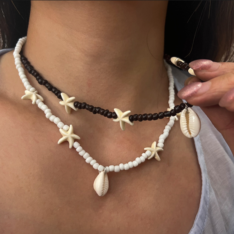 Rongshang Jewelry Bohemian Beach Shell Starfish Rice Bead Women's Necklace Casual Handmade Beaded Clavicle Chain
