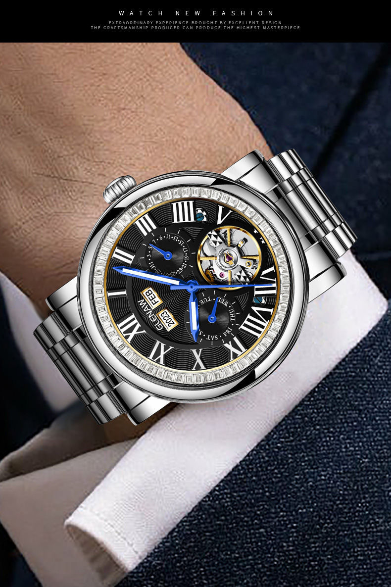 Đồng hồ nam cơ tự động Tourbillon lộ máy chống nước đa chức năng 8677 — 8677-Mặt đen vỏ bạc đai thép bạc, 8677-Vàng mặt bạc vỏ bạc đai thép chi tiết 9