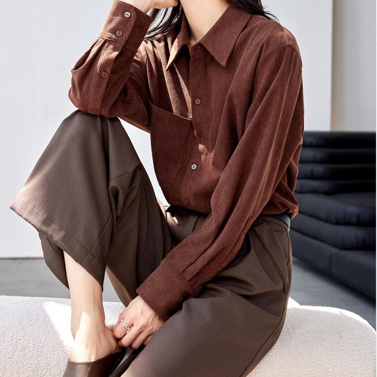 MAILLARD 스타일 다크 브라운 줄무늬 따뜻한 셔츠 여성의 2024 가을 캐주얼 우아한 작은 탑
