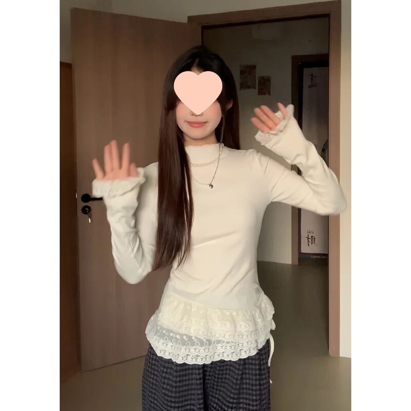 Cream White Double-Layer Lace Splicing Half Turtleneck Long-Sleeved Shirt for Women in Autumn and Winter Slim Drawstring Inner Velvet Top