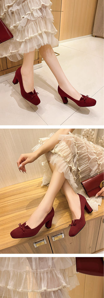 Giày cao gót nữ mũi vuông gót dày 6–8 cm thiết kế thanh lịch có nơ — màu kaki, màu nâu, rượu vang đỏ chi tiết 9