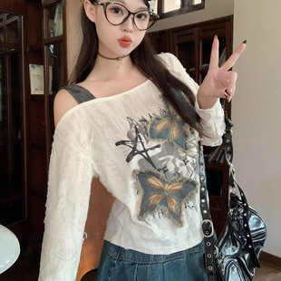 Factory Direct American Spice Girls Shoulder Long Sleeve T-Shirt Women's Autumn and Spring Casual Loose Slimming Personalized Printed Top