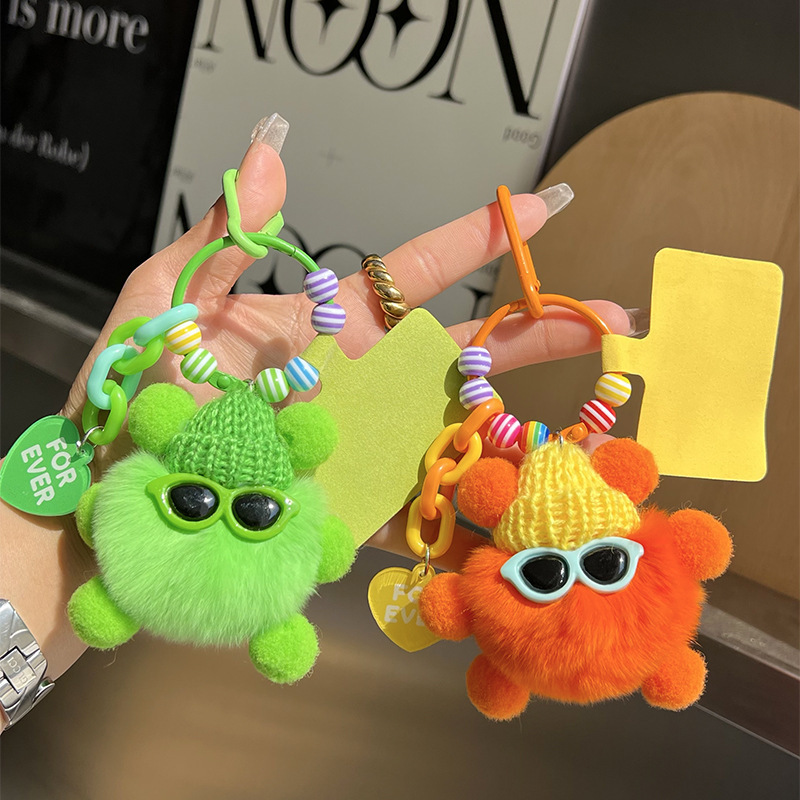 Cute Faux Rabbit Fur Little Coal Ball Car Keychain Pendant for Women, Exquisite Trendy Plush Backpack Decoration Gift