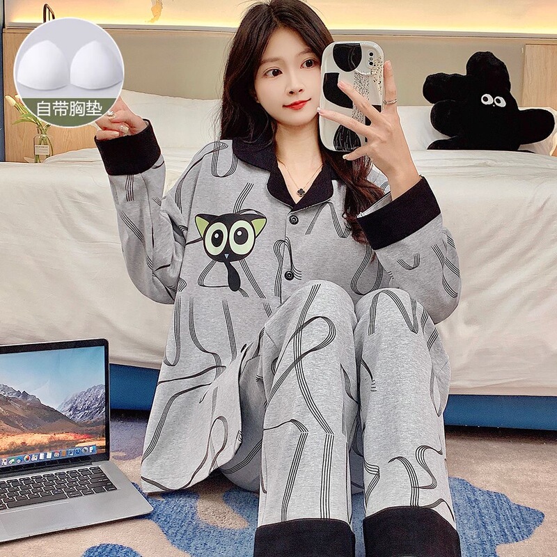Pajamas Autumn Women's 2024 New Cotton Long Sleeve Printed Belt Chest Pad Outwear Home Wear suit Pajamas Autumn Women's 2024 New Cotton Long Sleeve Printed Belt Chest Pad Outwear Home Wear suit