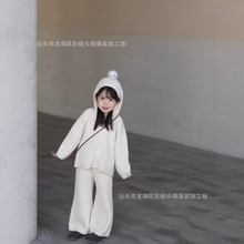 秋冬新款红色紫色杏色毛衣女童针织连帽球开衫上衣阔腿裤两件套装