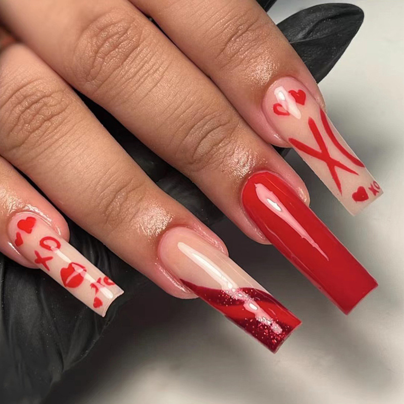 Wearable Nail Tips Wholesale Valentine's Day Beveled Edge Red French Love Lip Print Red Wearable Nail Art Wearable Nail Tips