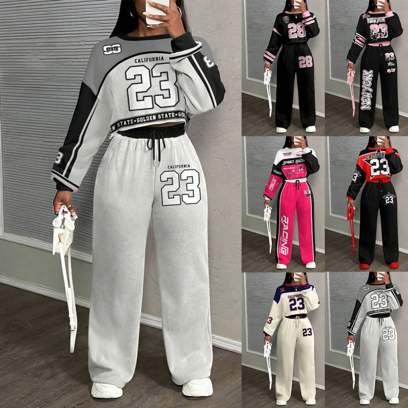 Cross-Border Exclusive Supply for Europe and America: Casual Color-Blocked Short Tops, Loose Wide-Leg Pants, American Retro Sports Style Women's Set