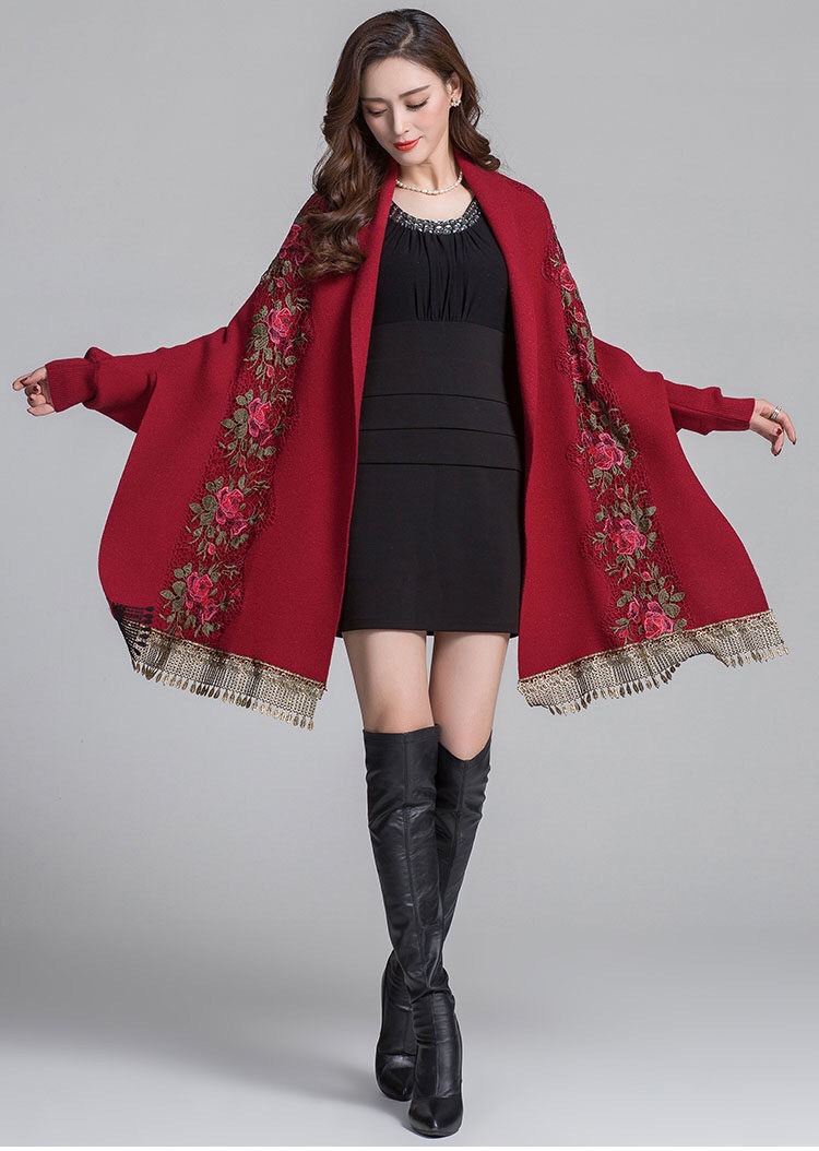 Bestickter Quasten-Strickumhang Umhang Fledermausärmel verdickter Pullover Mantel Strickjacke_voghion.com