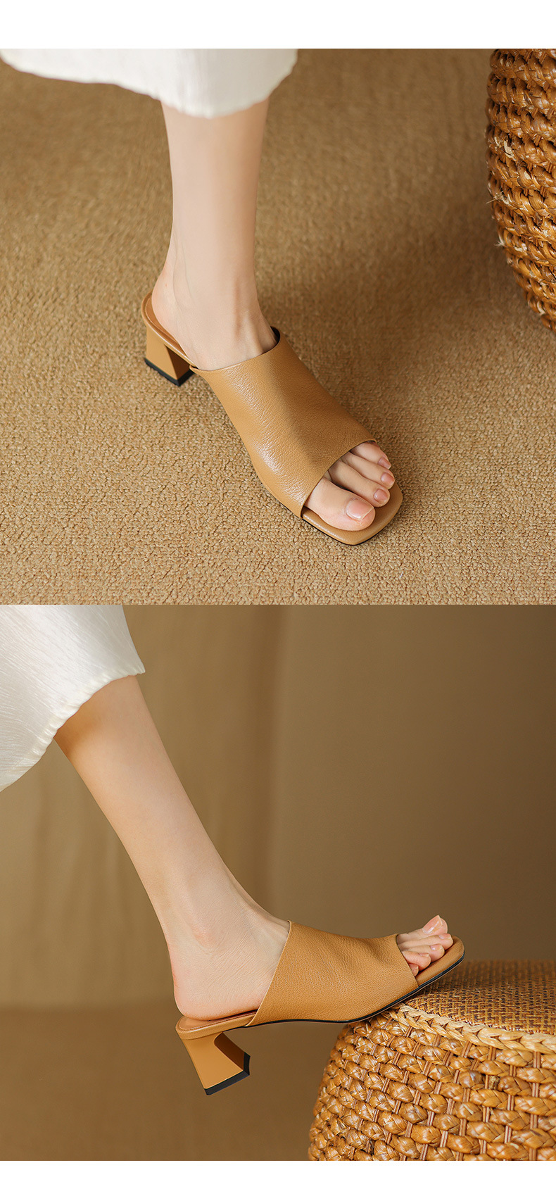 Sandal cao gót nữ hở mũi quai ngang da bò đục lỗ, gót 7 cm — Đen và cao 7 cm chi tiết 14