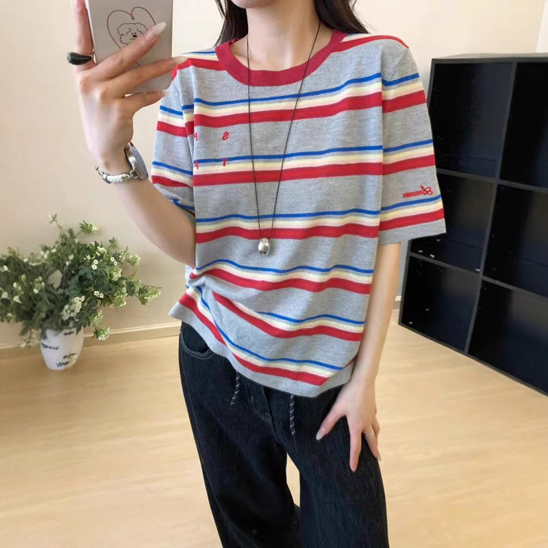 Gastrodia design explosive short sleeve women's summer 2025 new round neck pullover three sleeve color contrast fashion sweater
