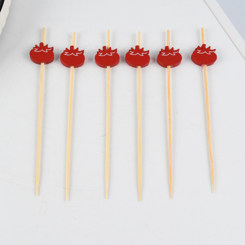 Inventario de tomate rojo desechable palo de bambú estilo palo de vino horquilla de fruta decoración horquilla de fruta suministro de fábrica