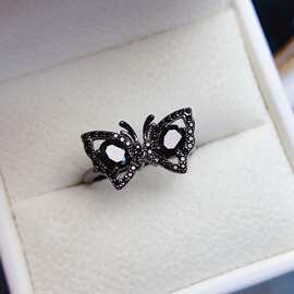 工厂批发爆款天然黑尖晶戒指S925银镶嵌主石4*5热销欧美一件代发