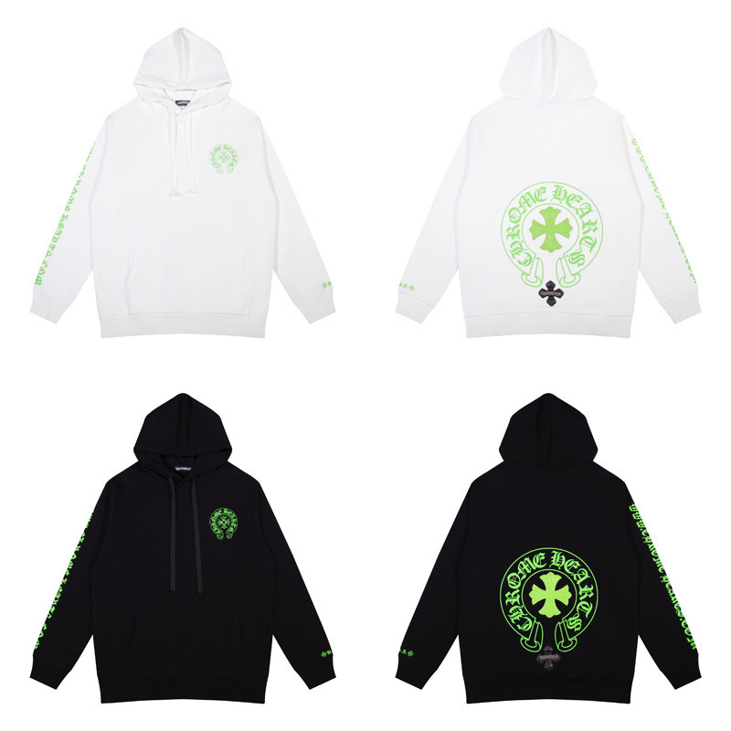 Cross-Border Trendy Brand New Crow Cross Sheepskin Embroidered Fluorescent Green Leather Cross Horseshoe Hooded Sweatshirt in Stock