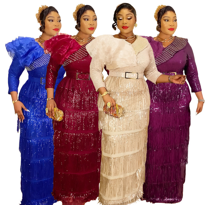 Cross-Border African Women's Plus-Size New Ins Aliexpress European and American Foreign Trade Sexy Tassel Evening Sequin Dress